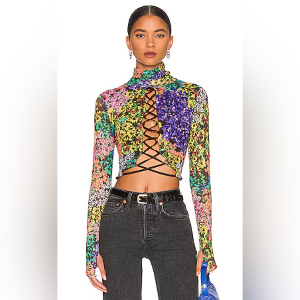 AFRM floral crop top with sheer sleeves